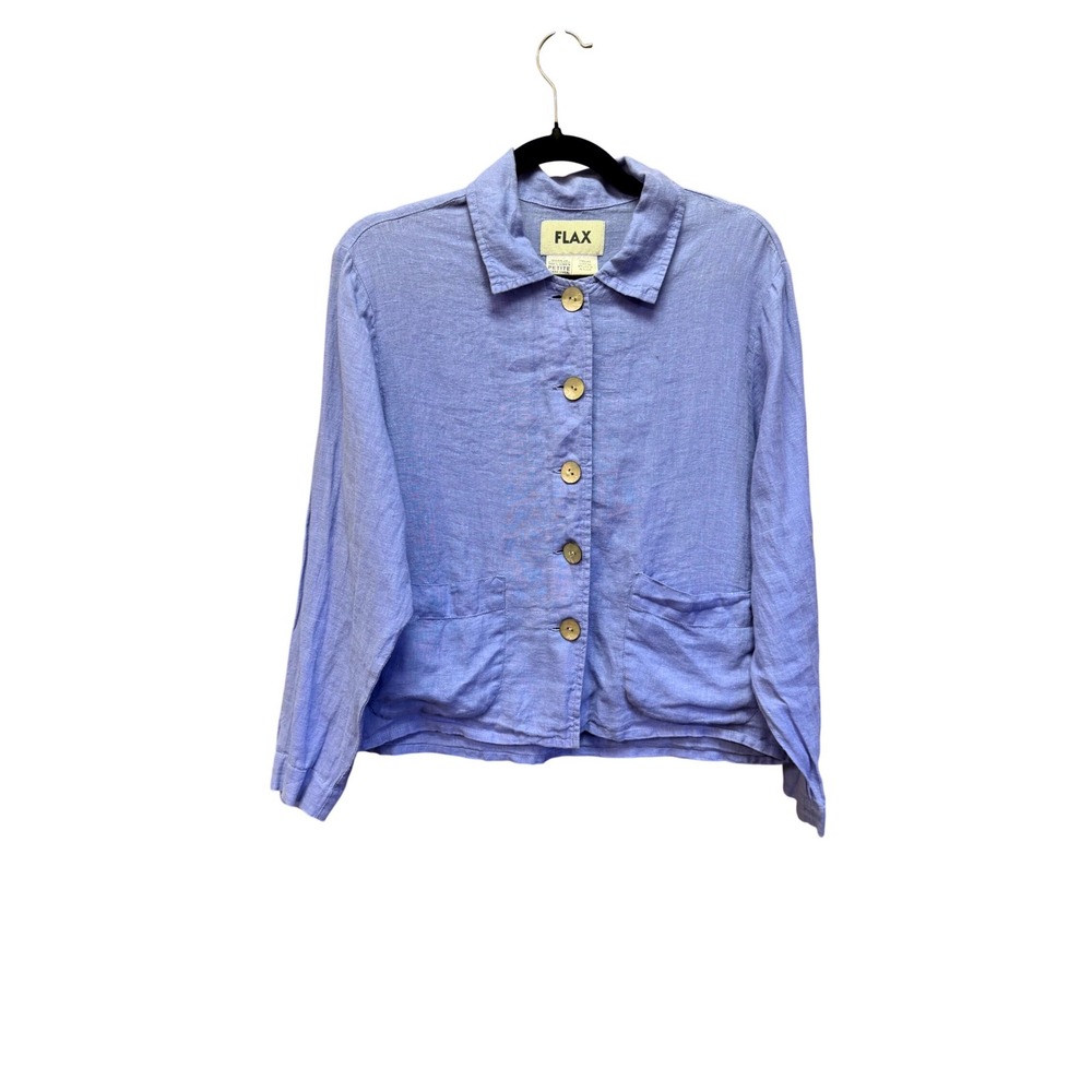 FLAX 100% Linen Button Down Shirt Periwinkle Blue Lagenlook Top 4/6